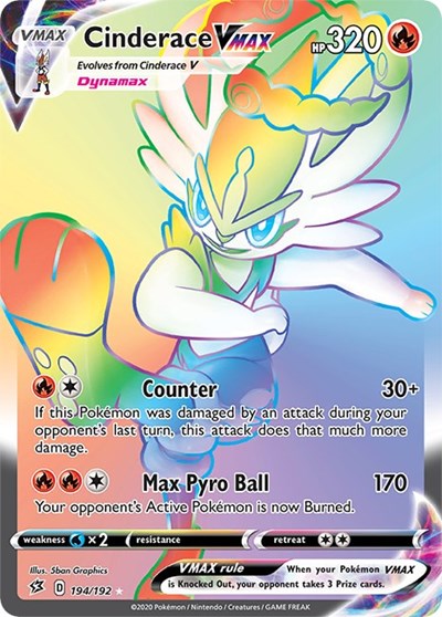 Pokémon card: Cinderace VMAX 194/192 from Rebel Clash (Secret Rare), Fire type, front of card