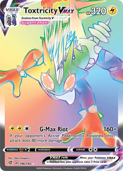 Pokémon card: Toxtricity VMAX 196/192 from Rebel Clash (Secret Rare), Lightning type, front of card