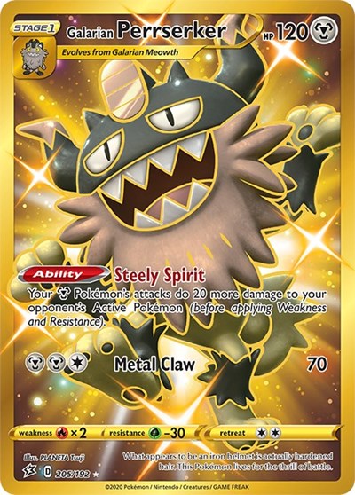 Pokémon card: Galarian Perrserker 205/192 from Rebel Clash (Secret Rare), Metal type, front of card