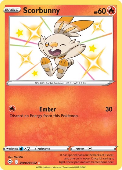 Pokémon card: Scorbunny SV015/SV122 from Shining Fates (Shiny Holo Rare), Fire type, front of card