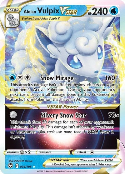 Pokémon card: Alolan Vulpix VSTAR 034/195 from Silver Tempest (Ultra Rare), Water type, front of card