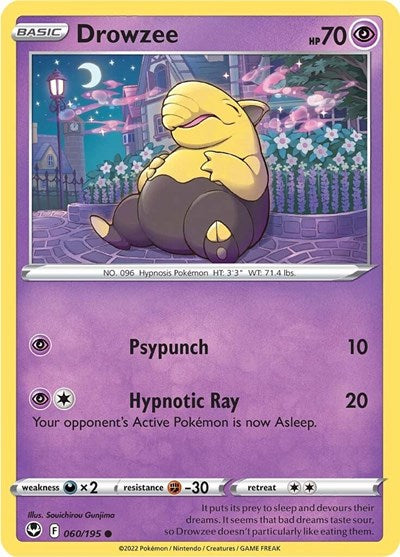 Pokémon card: Drowzee 060/195 from Silver Tempest (Common), Psychic type, front of card