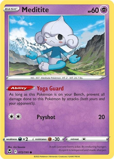 Pokémon card: Meditite 072/195 from Silver Tempest (Common), Psychic type, front of card