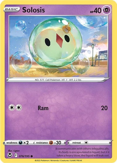 Pokémon card: Solosis 076/195 from Silver Tempest (Common), Psychic type, front of card