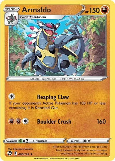 Pokémon card: Armaldo 096/195 from Silver Tempest (Rare), Fighting type, front of card