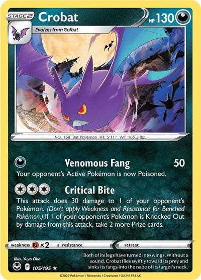 Pokémon card: Crobat 105/195 from Silver Tempest (Holo Rare), Darkness type, front of card