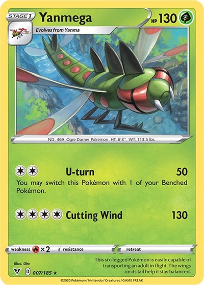 Pokémon card: Yanmega 007/185 from Vivid Voltage (Rare), Grass type, front of card