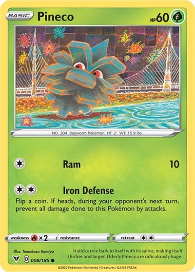 Pokémon card: Pineco 008/185 from Vivid Voltage (Common), Grass type, front of card