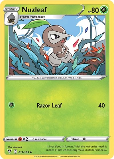 Pokémon card: Nuzleaf 011/185 from Vivid Voltage (Uncommon), Grass type, front of card