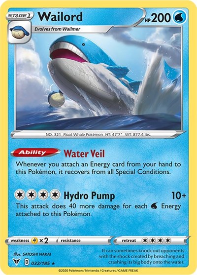 Pokémon card: Wailord 032/185, Holo Rare, Vivid Voltage