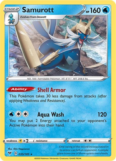 Pokémon card: Samurott 035/185 from Vivid Voltage (Rare), Water type, front of card
