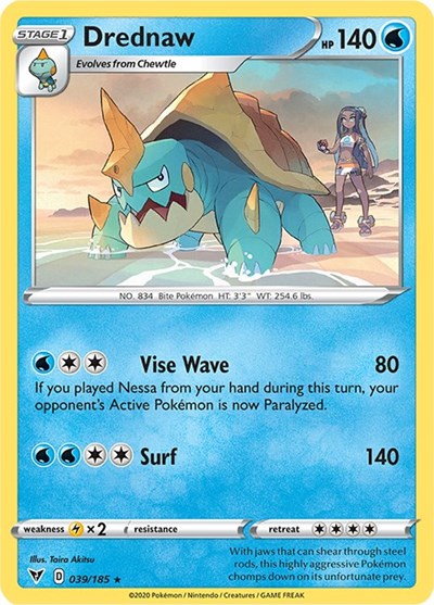 Pokémon card: Drednaw 039/185 from Vivid Voltage (Rare), Water type, front of card