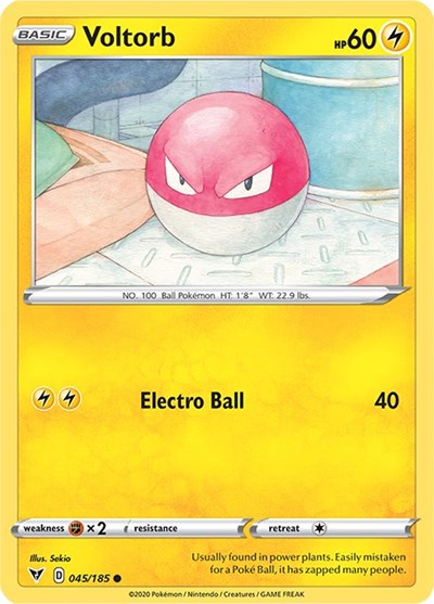 Pokémon card: Voltorb 045/185 from Vivid Voltage (Common), Lightning type, front of card