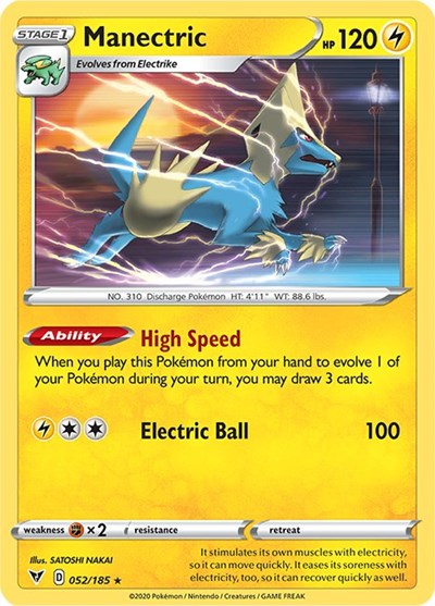 Pokémon card: Manectric 052/185 from Vivid Voltage (Rare), Lightning type, front of card
