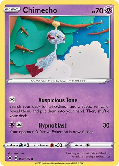 Pokémon card: Chimecho 072/185 from Vivid Voltage (Common), Psychic type, front of card