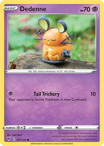 Pokémon card: Dedenne 077/185 from Vivid Voltage (Common), Psychic type, front of card
