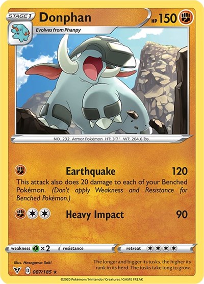 Pokémon card: Donphan 087/185 from Vivid Voltage (Rare), Fighting type, front of card