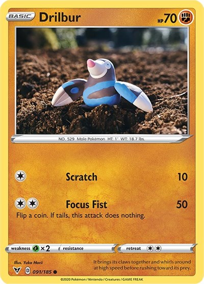 Pokémon card: Drilbur 091/185 from Vivid Voltage (Common), Fighting type, front of card