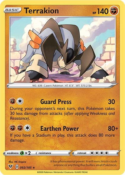 Pokémon card: Terrakion 092/185 from Vivid Voltage (Rare), Fighting type, front of card