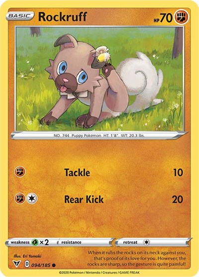 Pokémon card: Rockruff 094/185 from Vivid Voltage (Common), Fighting type, front of card