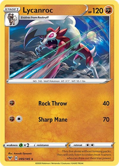 Pokémon card: Lycanroc 095/185 from Vivid Voltage (Rare), Fighting type, front of card