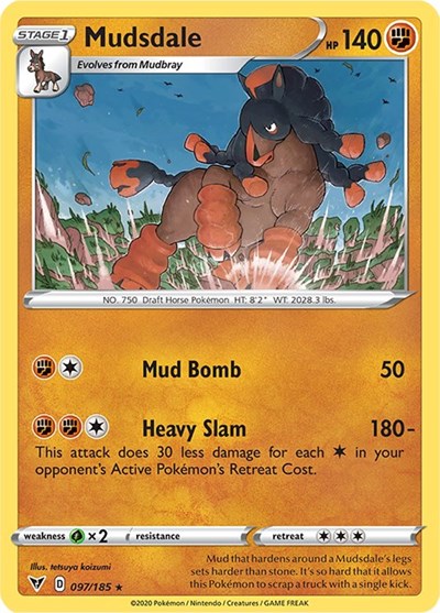 Pokémon card: Mudsdale 097/185 from Vivid Voltage (Rare), Fighting type, front of card