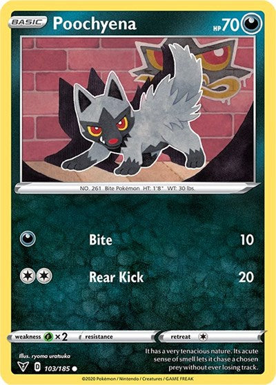Pokémon card: Poochyena 103/185 from Vivid Voltage (Common), Darkness type, front of card