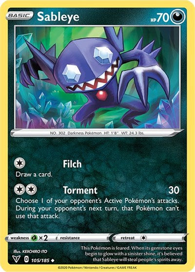Pokémon card: Sableye 105/185 from Vivid Voltage (Uncommon), Darkness type, front of card
