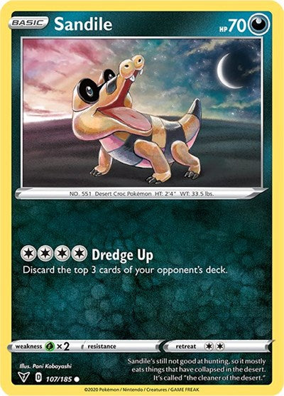 Pokémon card: Sandile 107/185 from Vivid Voltage (Common), Darkness type, front of card