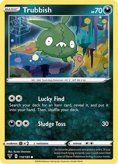 Pokémon card: Trubbish 110/185 from Vivid Voltage (Common), Darkness type, front of card