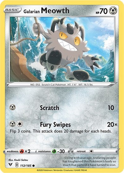 Pokémon card: Galarian Meowth 112/185 from Vivid Voltage (Common), Metal type, front of card