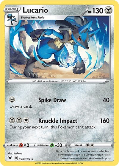 Pokémon card: Lucario 120/185 from Vivid Voltage (Rare), Metal type, front of card