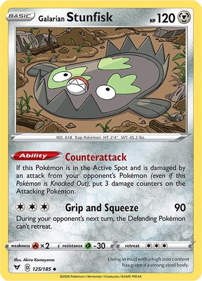 Pokémon card: Galarian Stunfisk 125/185 from Vivid Voltage (Uncommon), Metal type, front of card