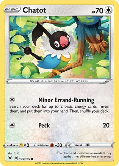 Pokémon card: Chatot 139/185 from Vivid Voltage (Common), Colorless type, front of card