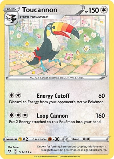 Pokémon card: Toucannon 145/185 from Vivid Voltage (Rare), Colorless type, front of card