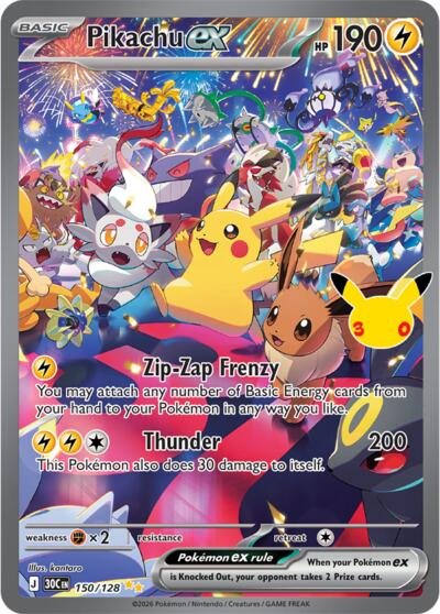 Pokémon card: Pikachu ex 150/128 from 30th Celebration (M6a) (Special Illustration Rare), Lightning type, front of card