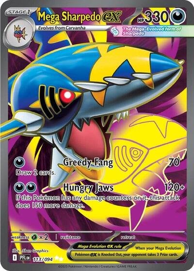 Pokémon card: Mega Sharpedo ex 113/094 from Phantasmal Flames (Ultra Rare), Darkness type, front of card