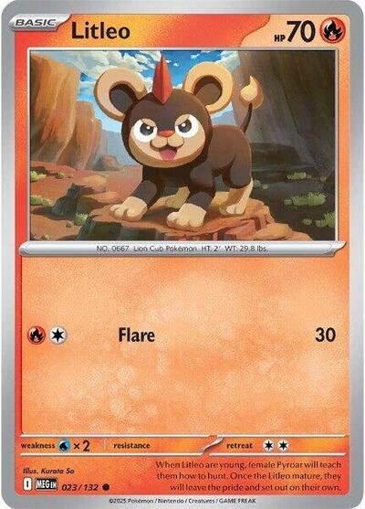 Pokémon card: Litleo 023/132 from Mega Evolution base set (Common), Fire type, front of card