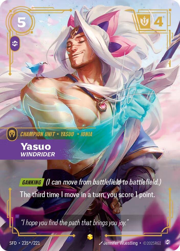 Riftbound card: 235*/221 Yasuo - Windrider (Signature) from Spiritforged (Showcase), front of card