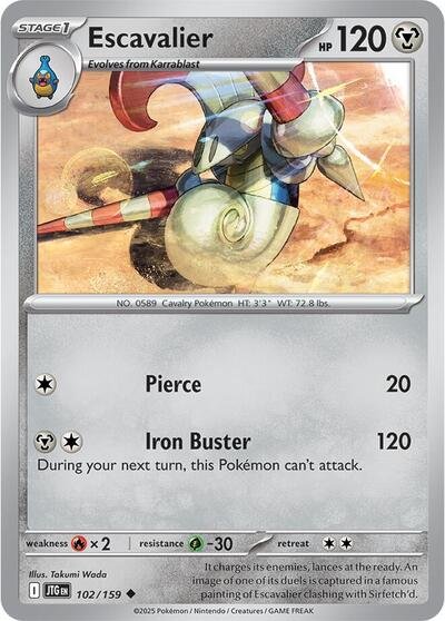 Pokémon card: Escavalier 102/159 from Journey Together (Uncommon), Metal type, front of card