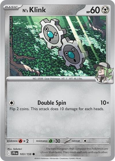 Pokémon card: N's Klink 103/159 from Journey Together (Common), Metal type, front of card