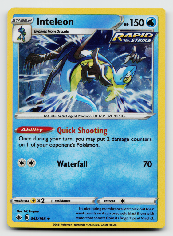 Pokémon card: Inteleon Holo Rare (Holofoil Promo) 043/198 from Chilling Reign (Holo Rare), Water type, front of card