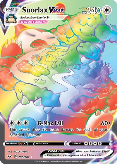 Pokémon card: Snorlax VMAX 206/202 from Sword & Shield base set (Secret Rare), Colorless type, front of card