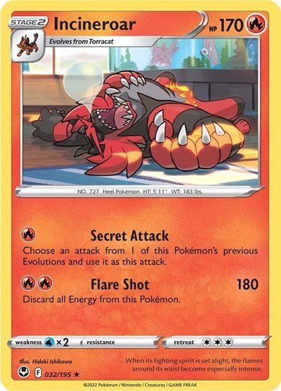 Pokémon card: Incineroar 032/195 from Silver Tempest (Rare), Fire type, front of card